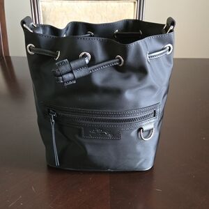 Sleek Black Longchamp Drawstring Bucket Bag